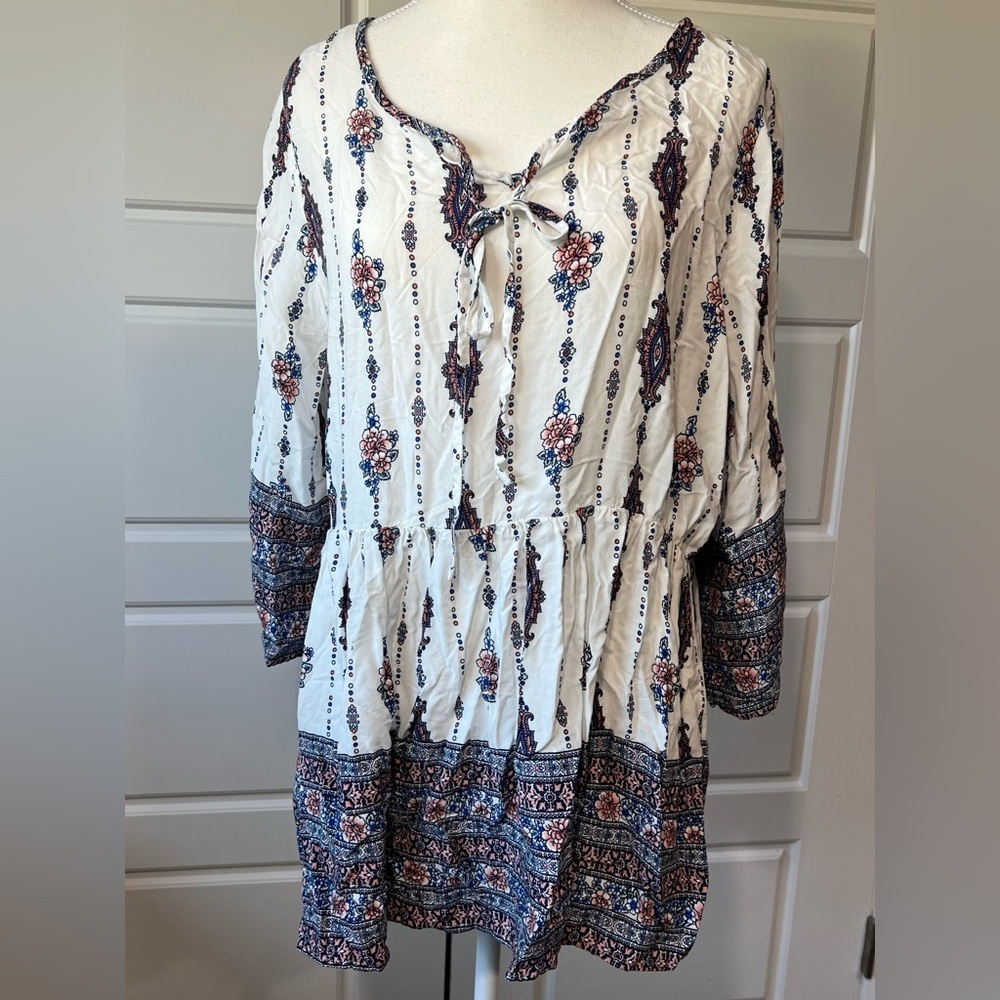 Signature Studio Women's‎ XL Tunic Dress White Boho Print Tie Neck 3/4 Sleeve